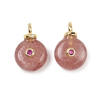 Natural Strawberry Quartz Pendants, Flat Round Charms with Brass Micro Pave Cubic Zirconia Findings, Real 18K Gold Plated, Cadmium Free & Lead Free, Rack Plating, Long-Lasting Plated, 16x10x5mm, Hole: 3mm(KK-B157-42B-02)