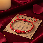 Braided Nylon Thread Heart Adjustable Bracelets, Brass Round Beads Jewelry for Couple, with Paper Card, Red, 11.02 inch(28cm)(ZR3363-2)
