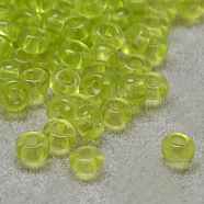 12/0 Grade A Round Glass Seed Beads, Transparent Colours, Green Yellow, 12/0, 2x1.5mm, Hole: 0.8mm, about 30000pcs/bag(SEED-Q006-F18)