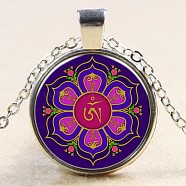 Flat Round with India Yoga Glass Alloy Pendant Necklaces, Silver Color Plated, 17.7 inch(NJEW-N0051-050H-02)