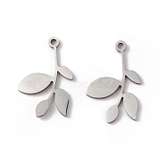 304 Stainless Steel Pendants, Leafy Branch Charms, Stainless Steel Color, 18x11.5x1mm, Hole: 1.2mm(STAS-E186-06P)