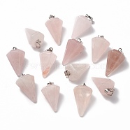 Cone/Spike/Pendulum Natural Rose Quartz Stone Pendants, with Platinum Plated Iron Findings, 25~27x14x14mm, Hole: 6x3mm(G-R278-82)