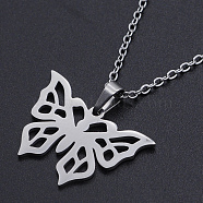 201 Stainless Steel Pendants Necklaces, with Cable Chains and Lobster Claw Clasps, Butterfly, Stainless Steel Color, 17.71 inch(45cm), 1.5mm(NJEW-S105-JN709-45-1)
