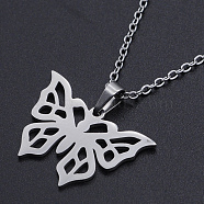 Non-Tarnish 201 Stainless Steel Pendants Necklaces, with Cable Chains and Lobster Claw Clasps, Butterfly, Stainless Steel Color, 17.71 inch(45cm), 1.5mm(NJEW-S105-JN709-45-1)