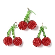 Glass Seed Beaded Pendants, Cherry Charms, with Brass Jump Ring, FireBrick, 33x26.5x13.5mm, Hole: 4.5mm(GLAA-G113-01)