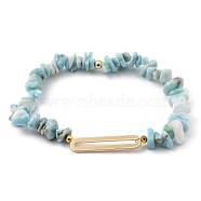 Chip Natural Larimar Stretch Beaded  Bracelets, with Brass Linking Ring and Round Beads, Golden, Inner Diameter: 2-1/8 inch(5.5cm)(BJEW-JB05431-01)