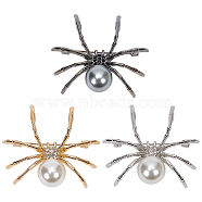 WADORN 3Pcs 3 Colors Alloy Rhinestone Brooch, with Imitation Pearl, Halloween Spider Pins, Mixed Color, 43x48x15mm, 1pc/color(JEWB-WR0001-05)