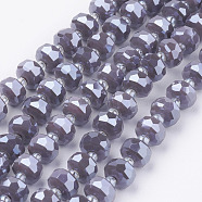 Electroplate Opaque Glass Beads Strands, Pearl Luster Plated, Faceted, Flat Round, Slate Blue, 7.5~8mm, Hole: 1mm, about 50pcs/strand, 13.7 inch(35cm)(EGLA-E051-PL8mm-A03)