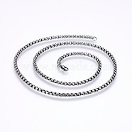 304 Stainless Steel Box Chain Necklaces, with Lobster Claw Clasps, Antique Silver, 22 inch(56cm), 3.5x3.5mm(STAS-O099-23AS)