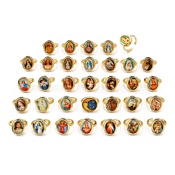 Jesus & Virgin Mary Theme Brass Micro Pave Clear Cubic Zirconia Cuff Rings for Women, Oval, with Glue Photographic Paper, Lead Free & Cadmium Free, Long-Lasting Plated, Real 18K Gold Plated, 17.5mm(KK-D343-15G)