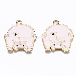 Alloy Enamel Pendants, Cadmium Free & Lead Free, Light Gold, Pig, Pink, 27x24x1.2mm, Hole: 2mm(ENAM-S127-023-RS)