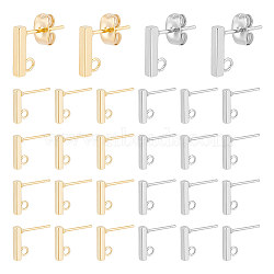 304 Stainless Steel Stud Earring Findings, with Loop and Ear Nut, Rectangle, Golden & Stainless Steel Color, 10x2x2mm, Hole: 1.5mm, Pin: 0.8mm(STAS-UN0003-03)