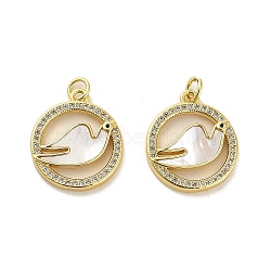 Brass Micro Pave Clear Cubic Zirconia Pendants, with Shell, Jump Rings, Real 18K Gold Plated, Bird, 21x18x3mm, Hole: 3.5mm(KK-K365-01G-01)