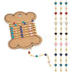 Pandahall 1M Handmade Colorful Enamel Heart Beaded Chains, with Brass Findings, Soldered, with Card Paper, Long-Lasting Plated, Golden, 10x5.5x3mm and 8x3.5mm(CHC-TA0001-12)