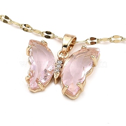 Butterfly Light Gold Brass Micro Pave Cubic Zirconia Pendant Necklaces, with Glass, Pink, 15.24 inch(38.7cm)(NJEW-E105-05KCG-02)