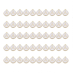 Golden Plated Alloy Charms, with Enamel, Enamelled Sequins, Flat Round, White, Letter.A, 14x12x2mm, Hole: 1.5mm, 50pcs/Box(ENAM-SZ0001-25A-A)