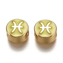 Brass Beads, with Enamel, Flat Round with Constellation, Real 18K Gold Plated, Champagne Yellow, Pisces, 10x5mm, Hole: 4.5x2.5mm(ENAM-I046-02G-04)