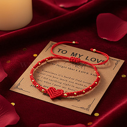 Braided Nylon Thread Heart Adjustable Bracelets, Brass Round Beads Jewelry for Couple, with Paper Card, Red, 11.02 inch(28cm)(ZR3363-2)