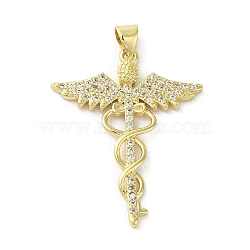 Rack Plating Brass Micro Pave Cubic Zirconia Pendants, Caduceus Symbol for Medicine, Long-Lasting Plated, Cadmium Free & Lead Free, Real 18K Gold Plated, 34x27x3mm, Hole: 4x3mm(KK-C052-18G)