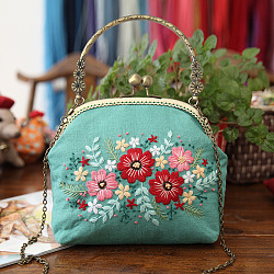 DIY Kiss Lock Coin Purse Embroidery Kit, Including Embroidered Cloth, Embroidery Needles & Thread, Metal Purse Handle, Flower Pattern, Turquoise, 210x165x40mm(PW22062828023)