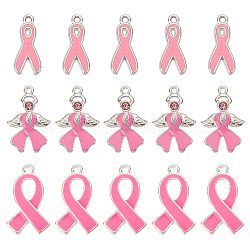 30Pcs 3 Style October Breast Cancer Pink Awareness Ribbon Alloy Enamel Pendants, with Rhinestone, Mixed Color, 19~25x8~15x1~2mm, Hole: 1.5~2mm, 10pcs/style(ENAM-SC0003-32)