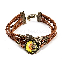 1Pc You Are My Sunshine Theme Flat Round with Sunflower Leather Cord Multi Strand Bracelets, Vintage Alloy Butterfly & Infinity Jewelry for Women, Camel, 6-3/4 inch(17cm), 1pc/set(BJEW-CL0001-10)