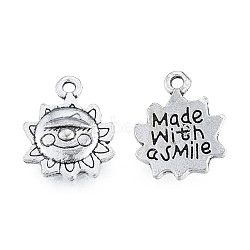 Tibetan Style Alloy Charms, Cadmium Free & Lead Free, Sun with Word Made with a Smile, Antique Silver, 15x12x2.5mm, Hole: 1.5mm, about 1000pcs/1000g(TIBEP-N012-01)
