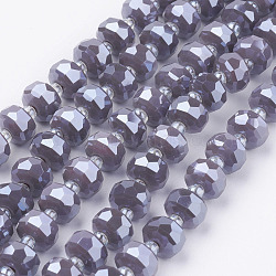 Electroplate Opaque Glass Beads Strands, Pearl Luster Plated, Faceted, Flat Round, Slate Blue, 7.5~8mm, Hole: 1mm, about 50pcs/strand, 13.7 inch(35cm)(EGLA-E051-PL8mm-A03)