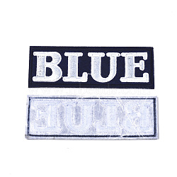 Computerized Embroidery Cloth Iron on/Sew on Patches, Appliques, Costume Accessories, Rectangle with Word Blue, Prussian Blue, 117x42x1.5mm(X-DIY-S040-055)