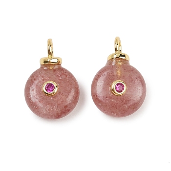 Natural Strawberry Quartz Pendants, Flat Round Charms with Brass Micro Pave Cubic Zirconia Findings, Real 18K Gold Plated, Cadmium Free & Lead Free, Rack Plating, Long-Lasting Plated, 16x10x5mm, Hole: 3mm