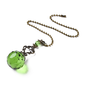 Faceted Glass Round Big Pendant Decorations, with Tibetan Style Alloy Findings, Lime, 410mm