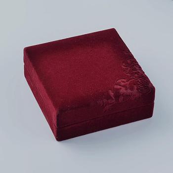 Square Velvet Bracelets Boxes, Jewelry Gift Boxes, Flower Pattern, Red, 10.1x10x4.3cm