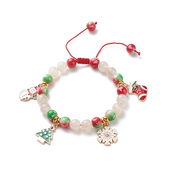 Christmas Tree & Snowflake & Snowman Charm Bracelet, Round Moonstone & Resin Braided Adjustable Bracelet for Women, Colorful, Inner Diameter: 2~3 inch(5~7.5cm)