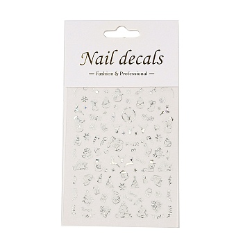 PET Christmas Laser Nail Art  Sticker, Self-adhesive, 3D Design, For Nail Tips Decorations, Mixed Christmas Theme Pattern, Silver, 10.4x8x0.02cm