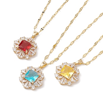 Brass Micro Pave Cubic Zirconia Pendant Necklaces, with Glass, Flower, Mixed Color, 15.94 inch(405mm)
