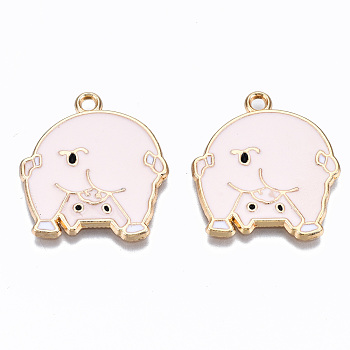 Alloy Enamel Pendants, Cadmium Free & Lead Free, Light Gold, Pig, Pink, 27x24x1.2mm, Hole: 2mm