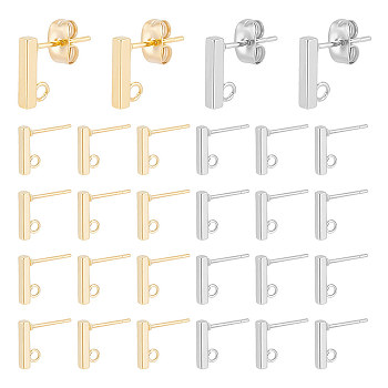 304 Stainless Steel Stud Earring Findings, with Loop and Ear Nut, Rectangle, Golden & Stainless Steel Color, 10x2x2mm, Hole: 1.5mm, Pin: 0.8mm