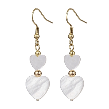 Natural Shell Heart Dangle Earrings, 304 Stainless Steel Earrings, Golden, 47x12.5mm