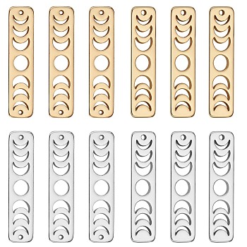 12Pcs 4 Style Brass Moon Phase Bar Links & Charms, Long-Lasting Plated, Rectangle, for Jewelry Making Finding Kit, Platinum & Golden, 20x5x1mm, Hole: 0.7mm, 4pcs/style