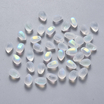 Transparent Spray Painted Glass Charms, AB Color Plated, Frosted, Teardrop, Clear AB, 9x6x6mm, Hole: 1mm