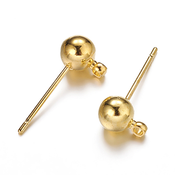 Brass Ball Post Ear Studs, with Loop, Golden, 15.2~15.7x5mm, Hole: 1mm, Pin: 0.7mm
