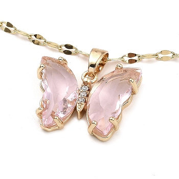 Butterfly Light Gold Brass Micro Pave Cubic Zirconia Pendant Necklaces, with Glass, Pink, 15.24 inch(38.7cm)