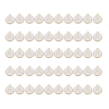 Golden Plated Alloy Charms, with Enamel, Enamelled Sequins, Flat Round, White, Letter.A, 14x12x2mm, Hole: 1.5mm, 50pcs/Box