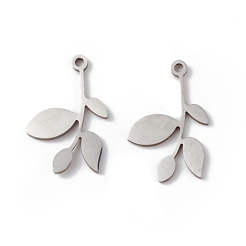 304 Stainless Steel Pendants, Leafy Branch Charms, Stainless Steel Color, 18x11.5x1mm, Hole: 1.2mm