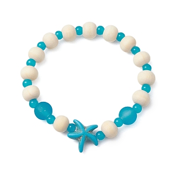 Synthetic Turquoise & Wood & Glass Beaded Stretch Bracelets for Boys Girls, Starfish, Inner Diameter: 1-3/4 inch(4.4cm), Starfish: 14~15x14~15mm