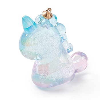 Transparent Acrylic Pendants, with Bubble inside and Alloy Findings, Unicorn, Colorful, 46.5x40x20mm, Hole: 2mm
