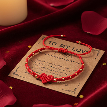 Braided Nylon Thread Heart Adjustable Bracelets, Brass Round Beads Jewelry for Couple, with Paper Card, Red, 11.02 inch(28cm)