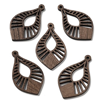 Walnut Wood Hollow Pendants, Leaf Charms, Undyed, Coffee, 41.5x24.5x2.5mm, Hole: 2mm