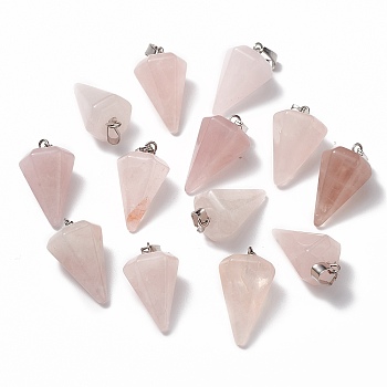 Cone/Spike/Pendulum Natural Rose Quartz Stone Pendants, with Platinum Plated Iron Findings, 25~27x14x14mm, Hole: 6x3mm