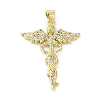 Rack Plating Brass Micro Pave Cubic Zirconia Pendants, Caduceus Symbol for Medicine, Long-Lasting Plated, Cadmium Free & Lead Free, Real 18K Gold Plated, 34x27x3mm, Hole: 4x3mm